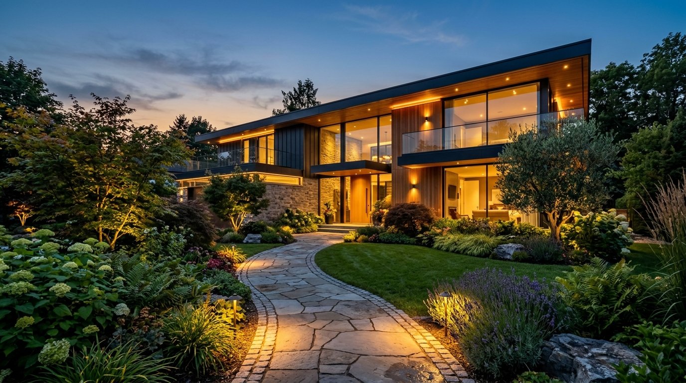 Modern luxury landscaped house at dusk with architectural lighting and manicured gardens
